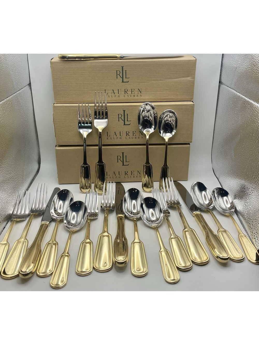 (4) Ralph Lauren PELHAM GOLD Stainless China 5pc Place Setting 20pcs